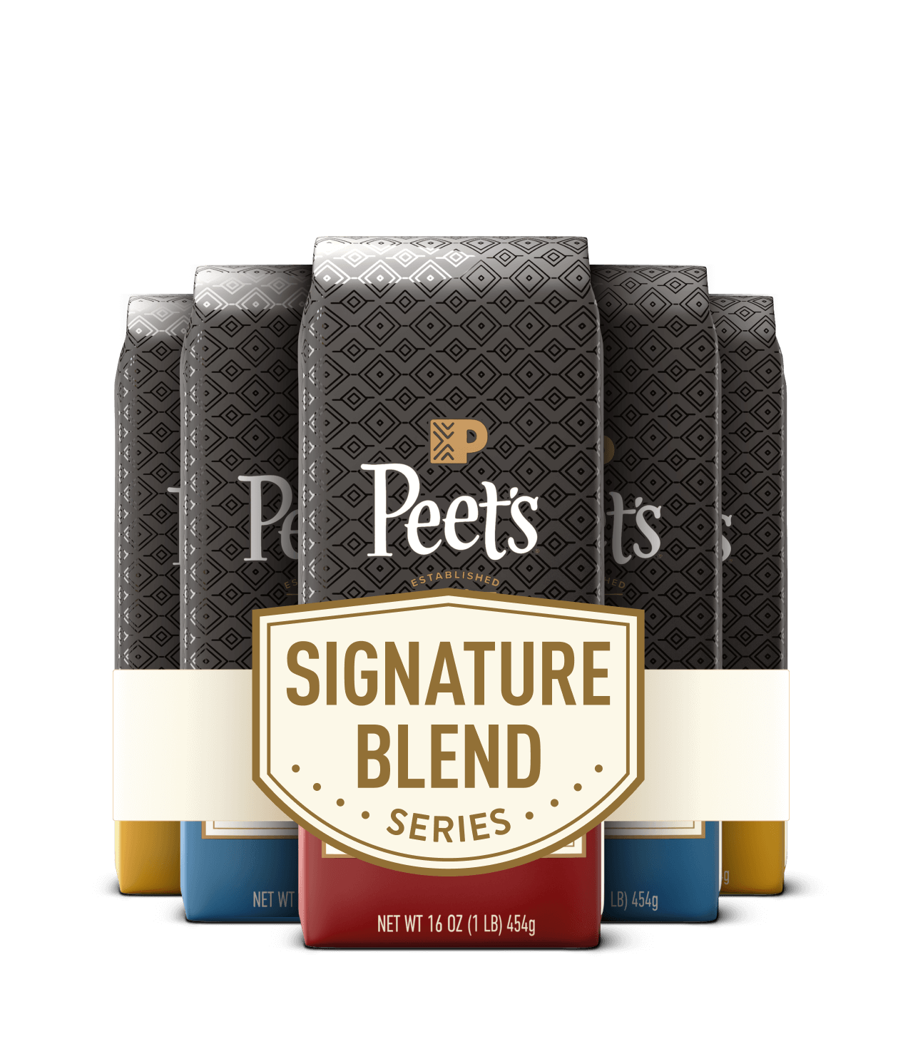 Peet's coffee bags with 'Signature Blend' series label on a black background