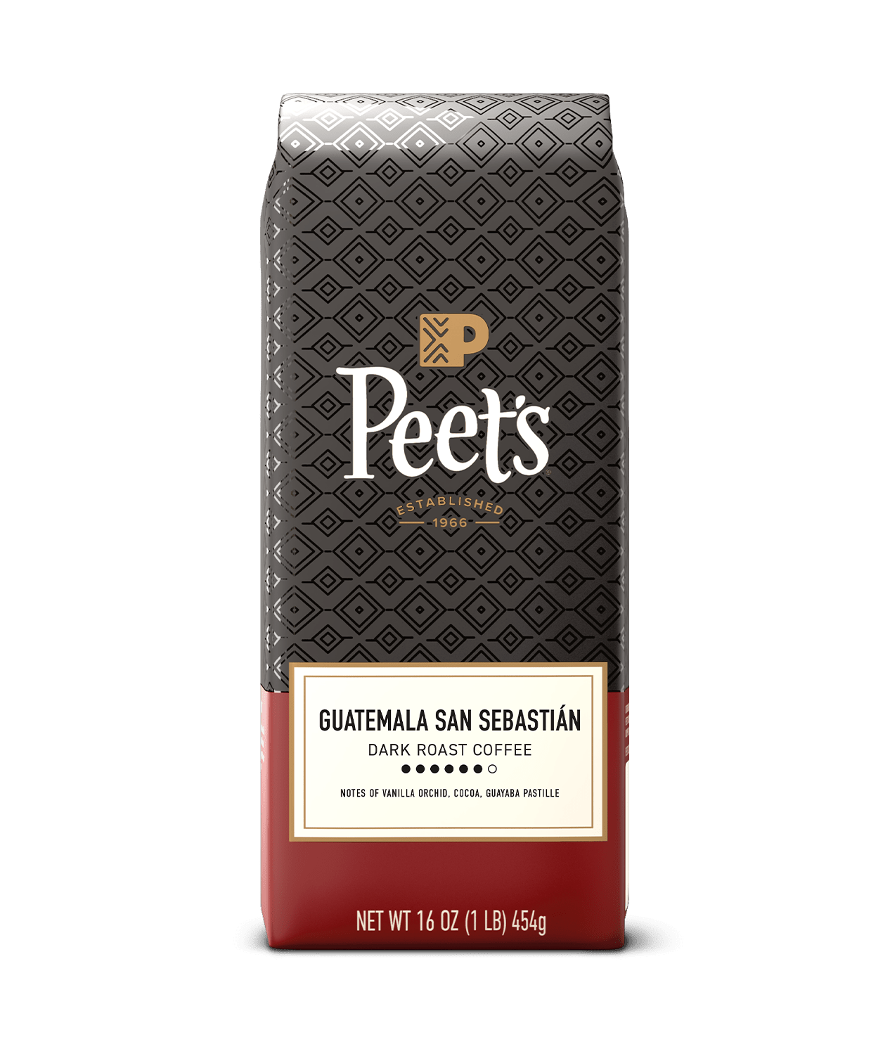 Peet's coffee bag with Guatemala San Sebastian flavor on a green background