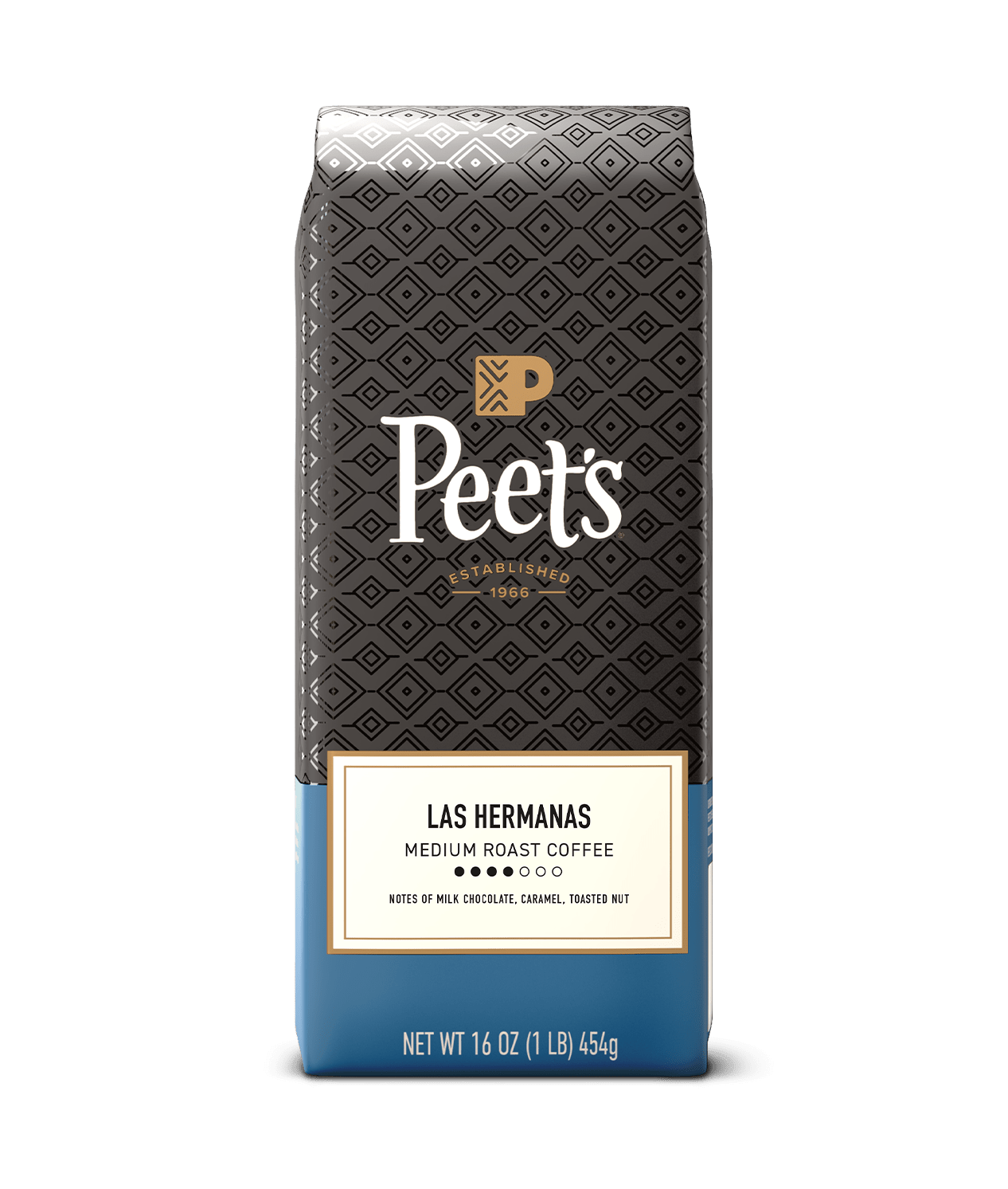 Peet's coffee las hermanas bag with a geometric pattern on a green background