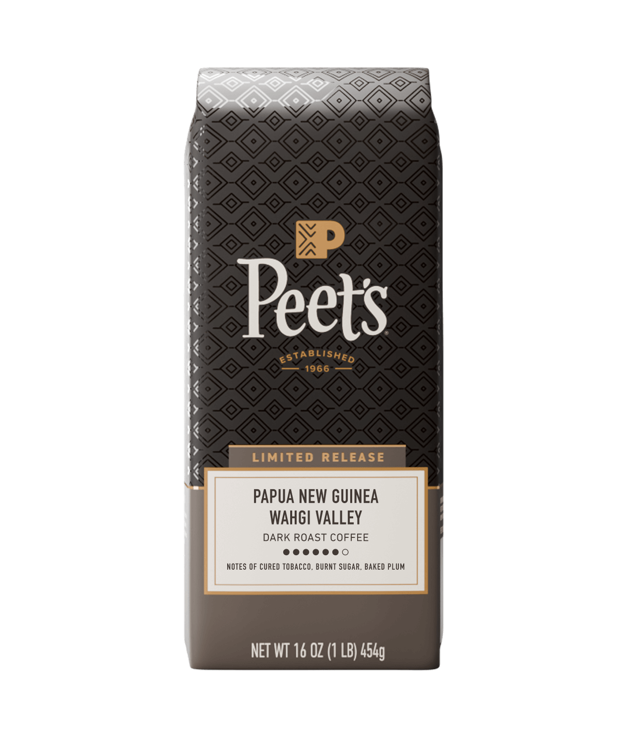 Peet's coffee bag with detailed branding and product information on a white background