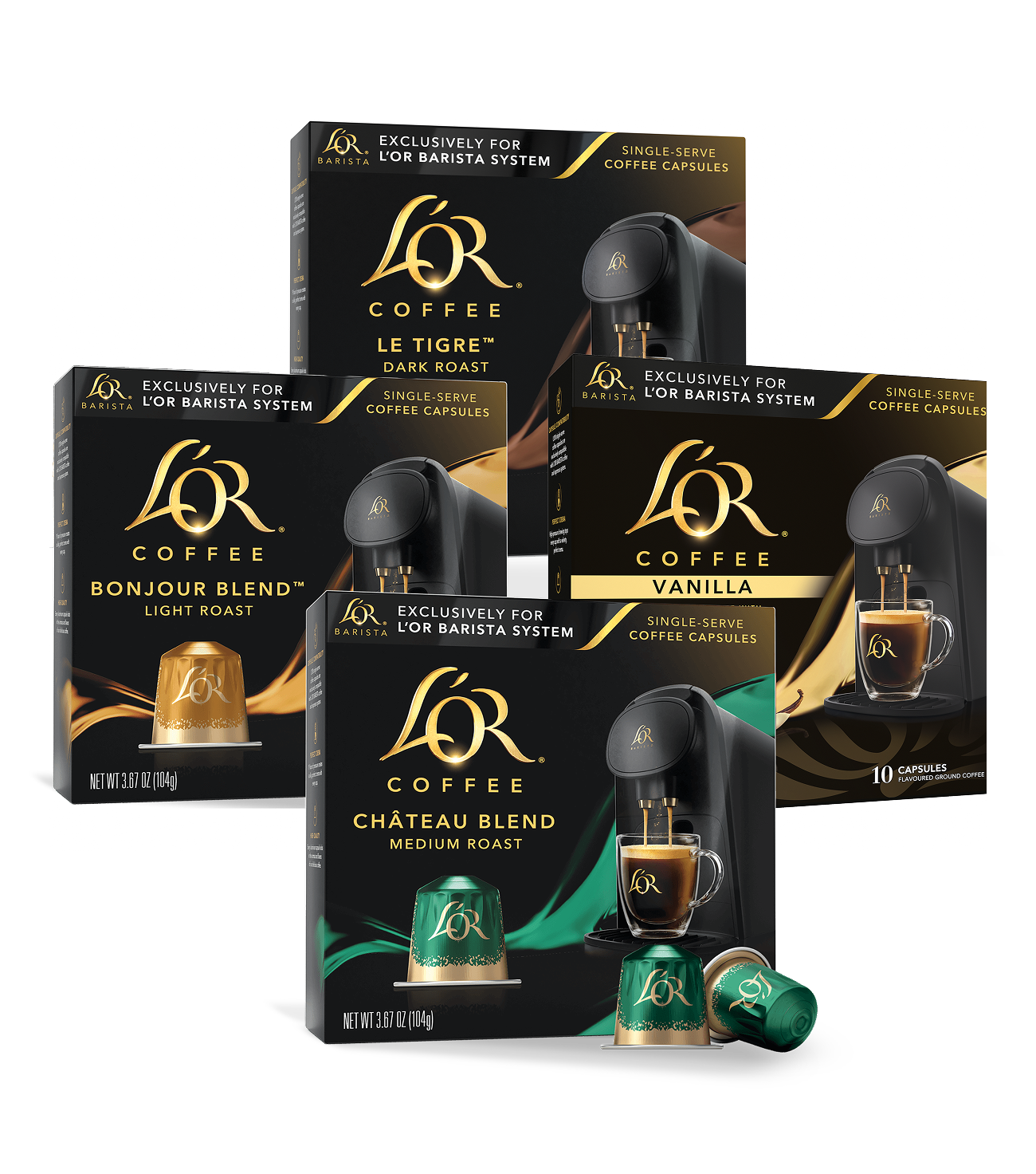 Four boxes of L'OR Coffee capsules with different blends on a white background