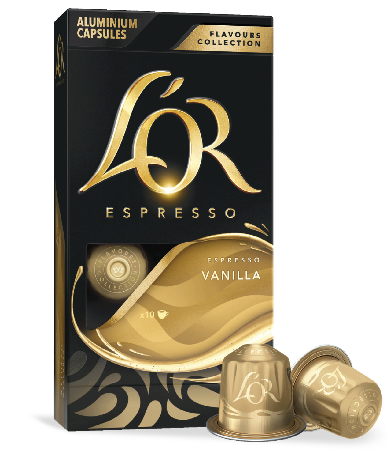 LoR Espresso Vanilla coffee capsule packaging with two capsules on a white background